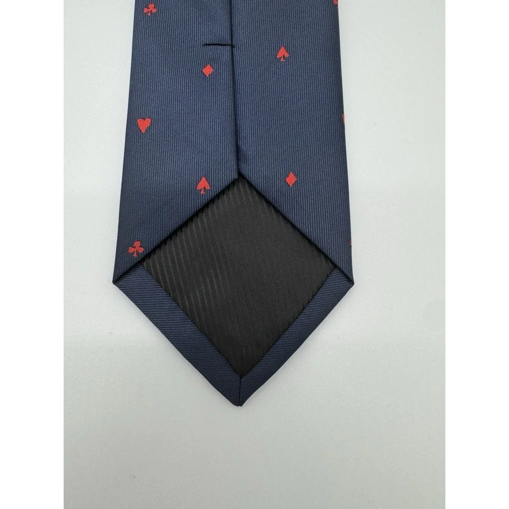Navy Blue Silk Tie Red Playing Cards Hearts Spades Diamonds Clubs Novelty Mens